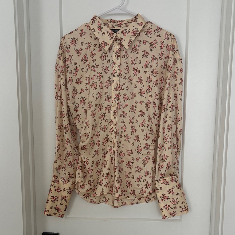 Zara Cream Floral Button-Up satin blouse with Red Accents